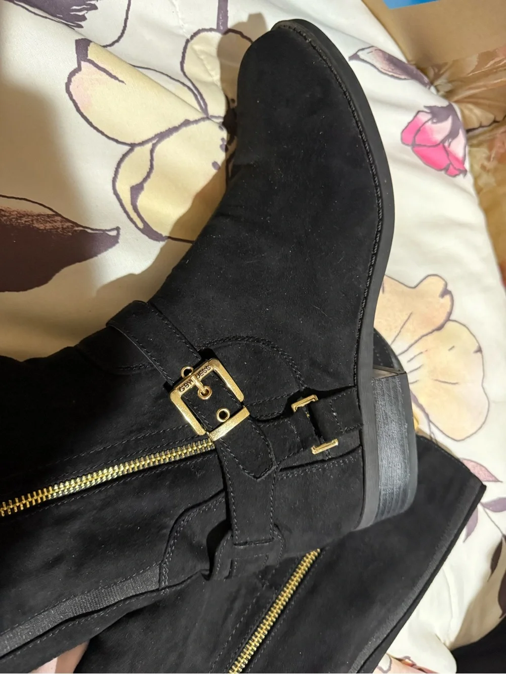 Guess Black Over-the-Knee Suede Boots with Gold Zipper & Buckle